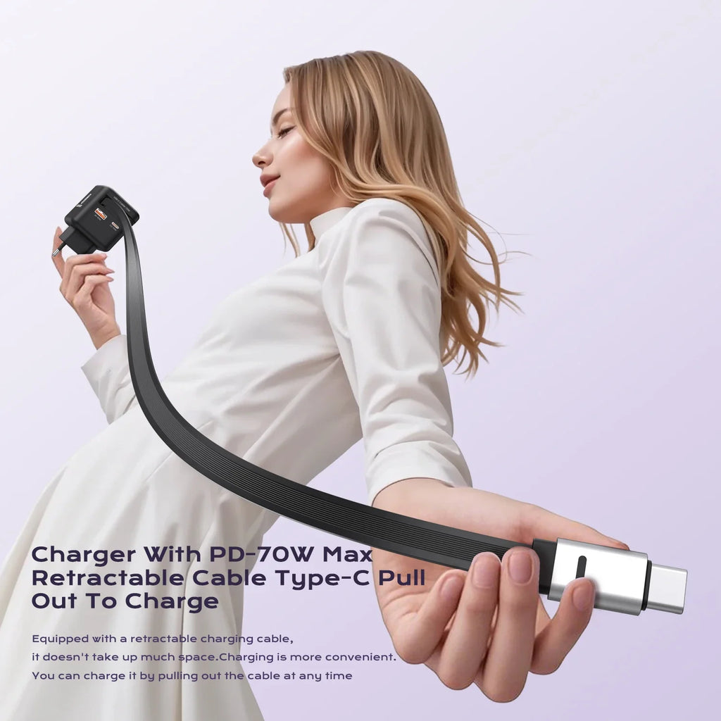 70W GaN Fast Charger - 3-in-1 USB-C with Retractable Cable