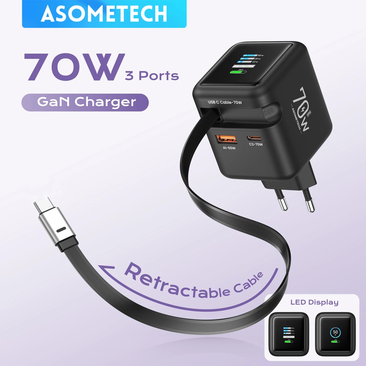 70W GaN Fast Charger - 3-in-1 USB-C with Retractable Cable