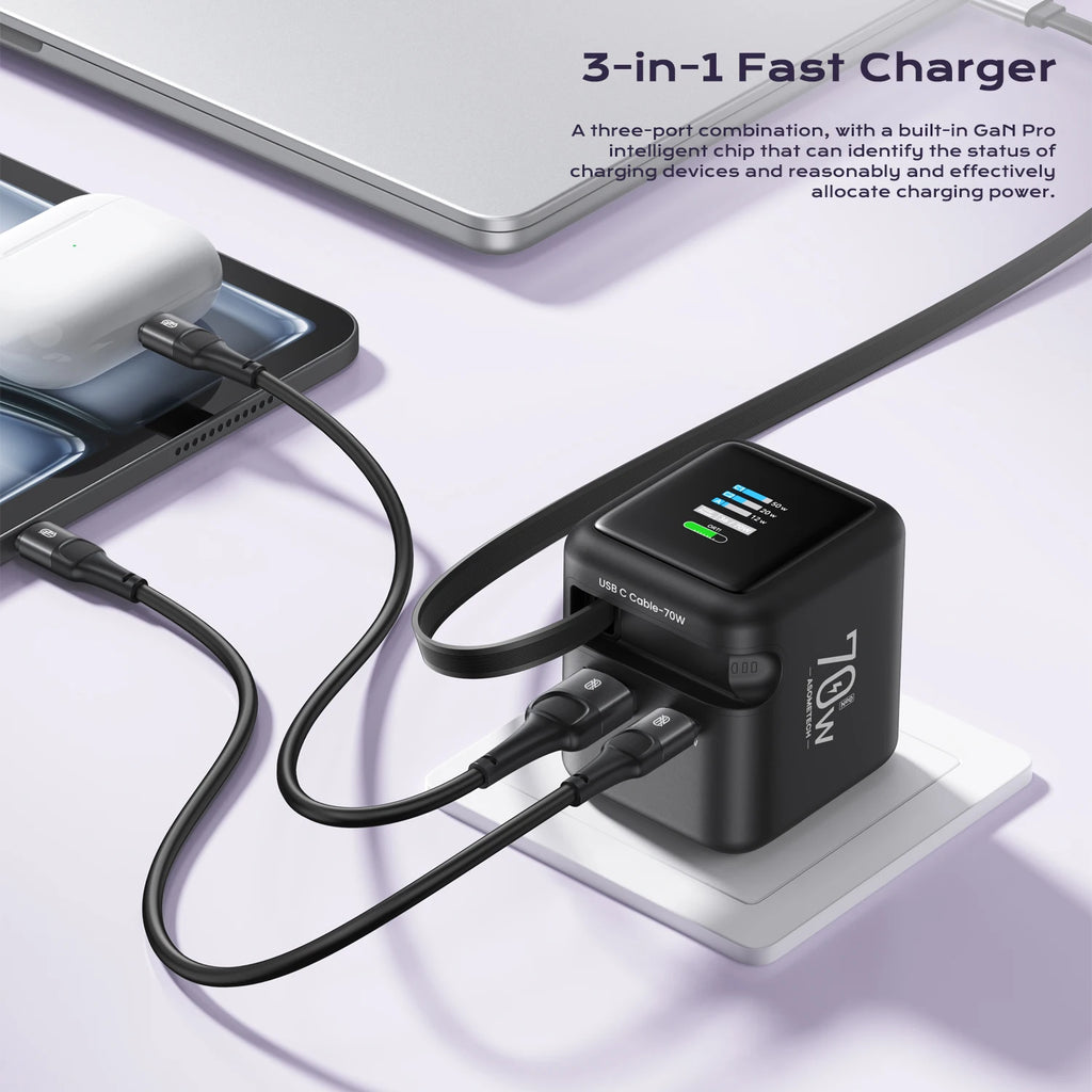 70W GaN Fast Charger - 3-in-1 USB-C with Retractable Cable