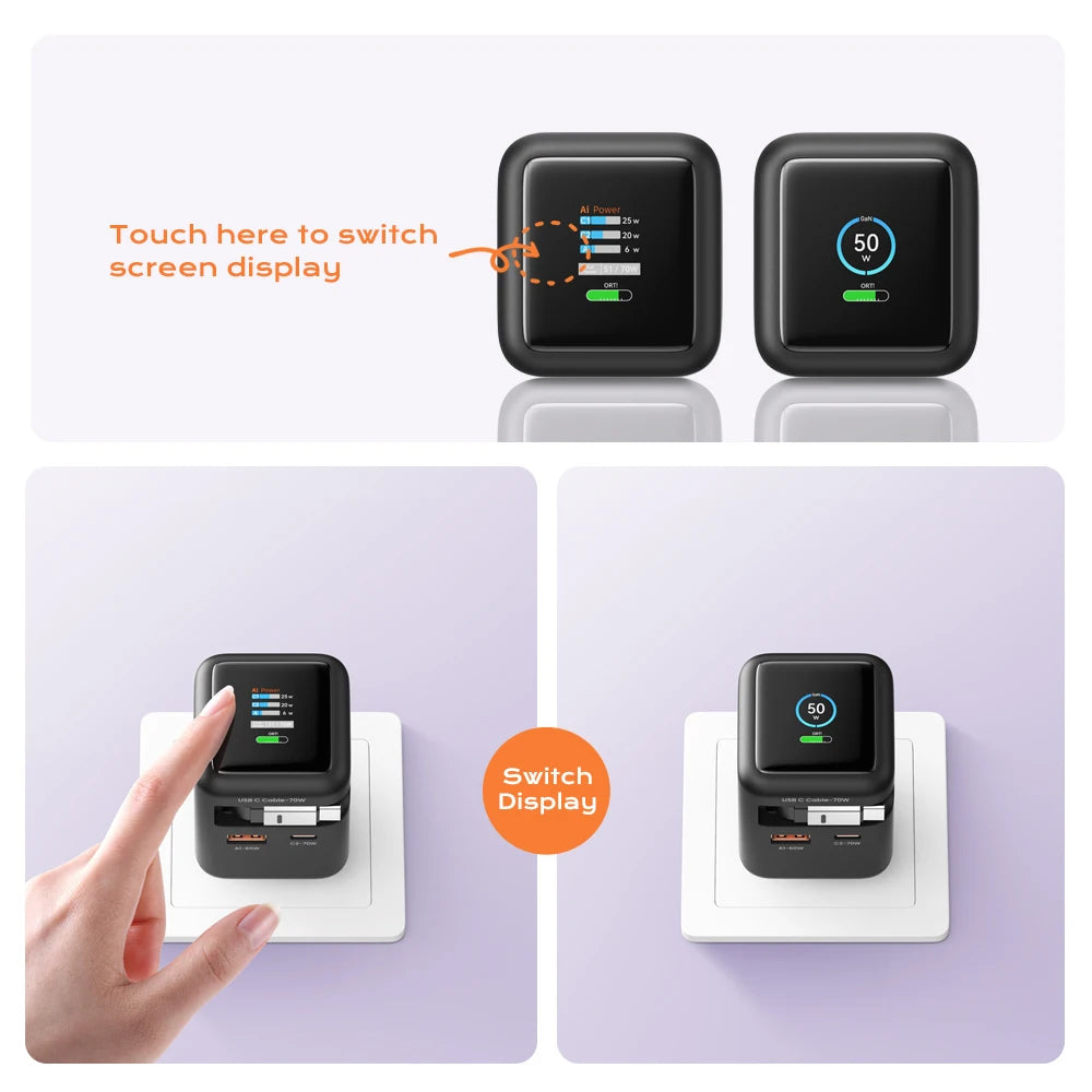 70W GaN Fast Charger - 3-in-1 USB-C with Retractable Cable