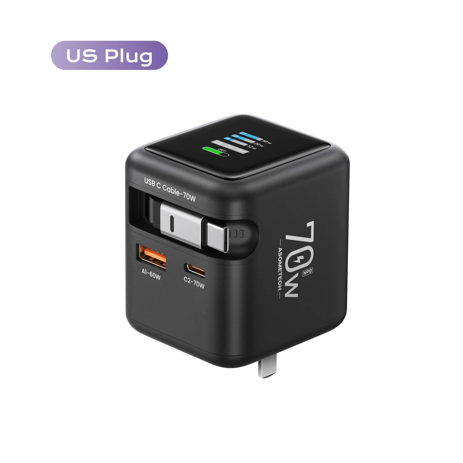 70W GaN Fast Charger - 3-in-1 USB-C with Retractable Cable