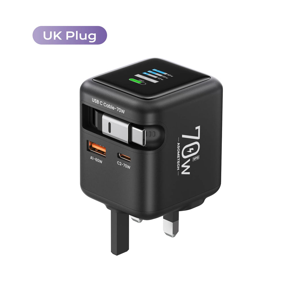 70W GaN Fast Charger - 3-in-1 USB-C with Retractable Cable